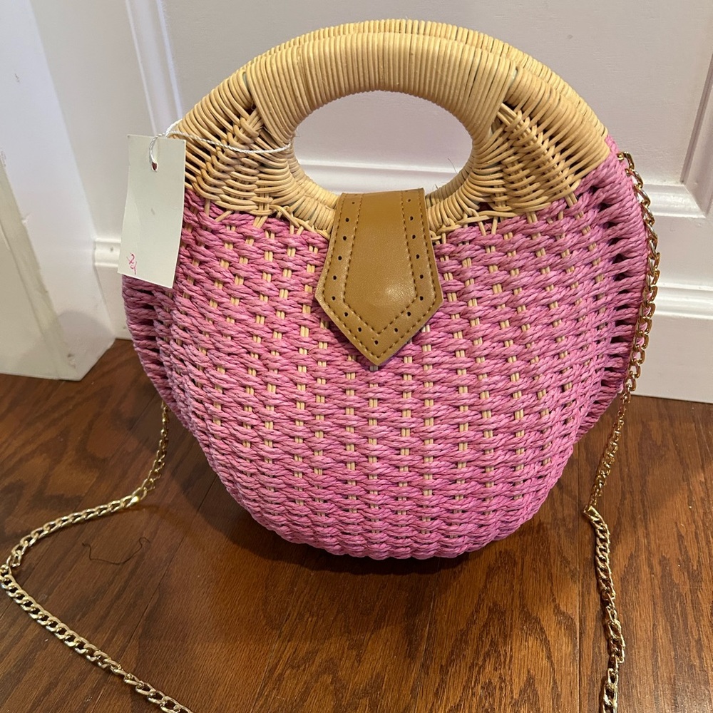 Boho Pink Woven Handbag with Chain Strap